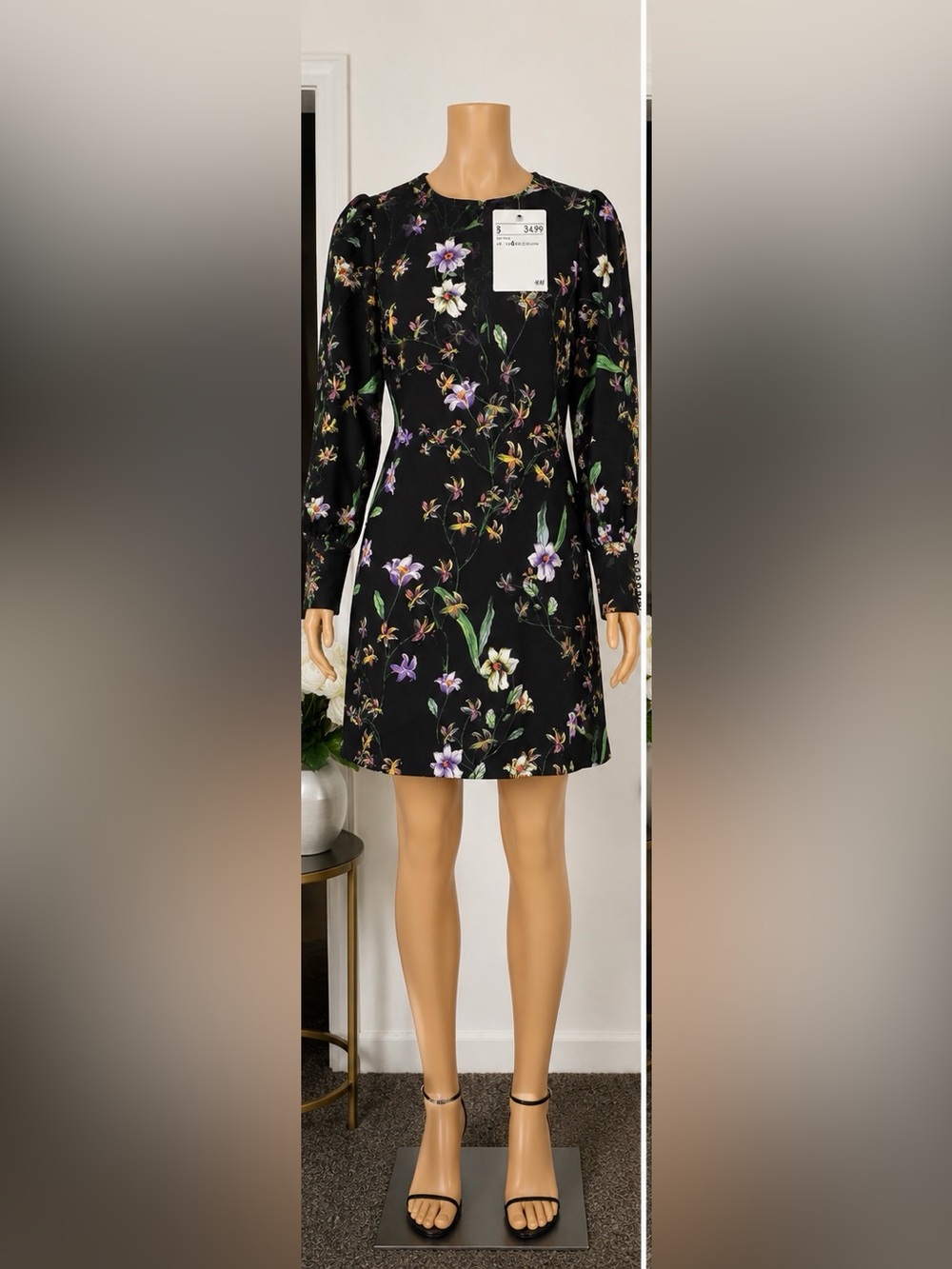 H&M Black Floral Long-Sleeve Mini Dress